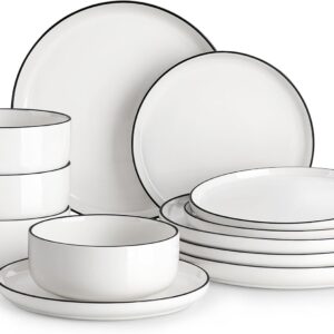MALACASA Plates and Bowls Sets, 12 Pieces Modern Porcelain Dinnerware Set for 4 White Kitchen Dinner Dining Ware Set wtih Black Rim Ceramic Dishware Dishes Microwave and Dishwasher Safe, Series LUNA