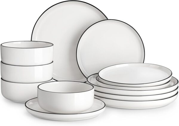MALACASA Plates and Bowls Sets, 12 Pieces Modern Porcelain Dinnerware Set for 4 White Kitchen Dinner Dining Ware Set wtih Black Rim Ceramic Dishware Dishes Microwave and Dishwasher Safe, Series LUNA