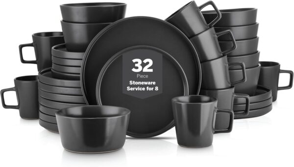 Stone Lain Celina Stoneware 32 Piece Dinnerware Set, Plates and Bowls, Black Matte Dish Collection, Service for 8 – Contemporary Minimalist Style, Microwave & Dishwasher Safe
