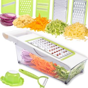 Cheese Grater with Container,5 In 1 Mandoline Slicer for Kitchen,Multi Purpose Vegetable Slicer, Easy to Clean Vegetable Chopper,Cheese Shredder,Julienne Slicer and Peeler
