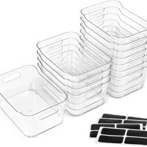 12 PACK Multi-Use Clear Plastic Storage Bins for Organizing w/ Labels – Home, Kitchen, Bathroom, Office, Pantry Cabinet Shelf Organizer Bins – SOHO Collection, RV, Fridge Organization Containers