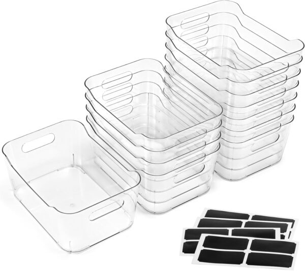 12 PACK Multi-Use Clear Plastic Storage Bins for Organizing w/ Labels – Home, Kitchen, Bathroom, Office, Pantry Cabinet Shelf Organizer Bins – SOHO Collection, RV, Fridge Organization Containers