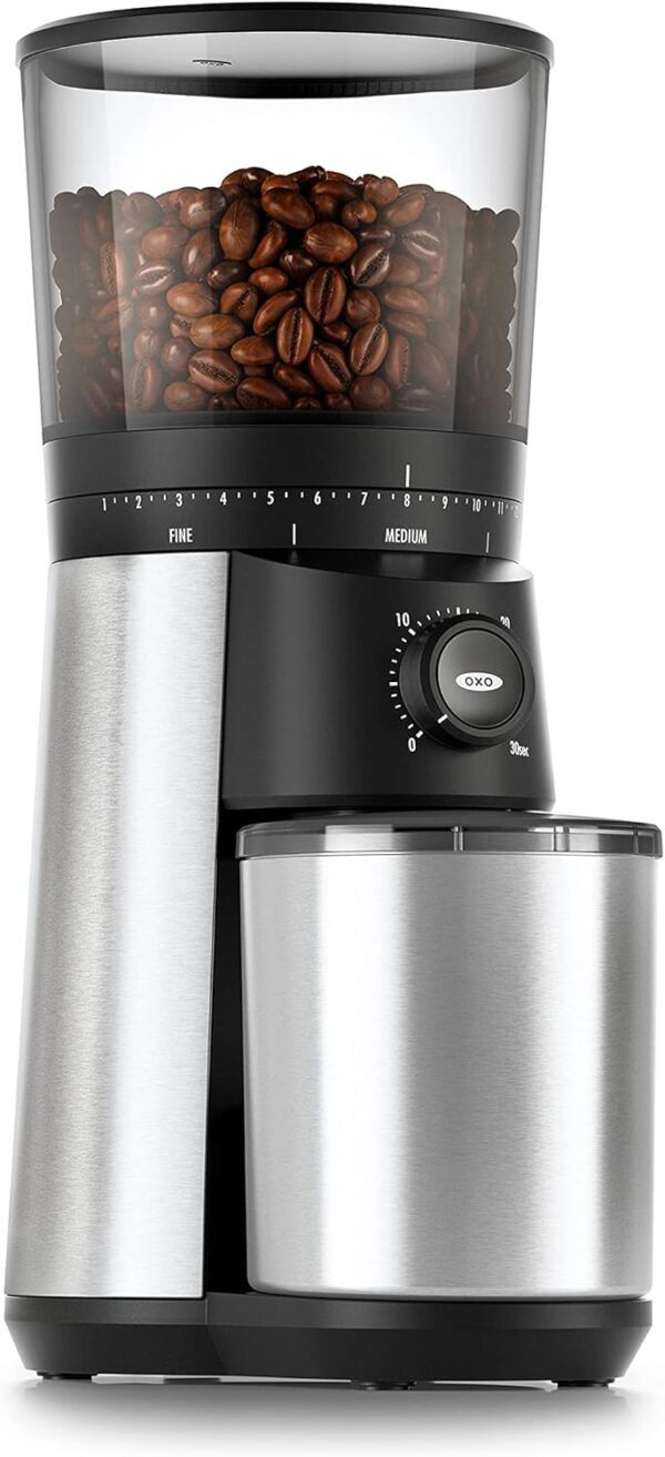 OXO Brew Conical Burr Coffee Grinder – Silver, Stainless Steel Burrs, One-Touch Automatic Smart Grind