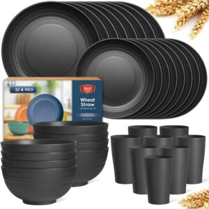 Teivio 32-Piece Kitchen Plastic Wheat Straw Dinnerware Set, Service for 8, Unbreakable Modern Dish Set – Dinner Plate/Dessert Plate/Cereal Bowl/Cup, for Apartment Essentials, Outdoor Camping,Black