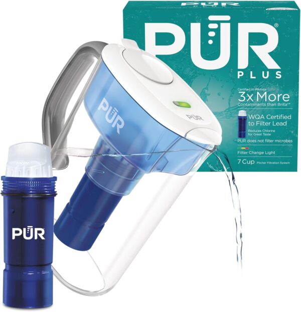 PUR Plus 7-Cup Water Pitcher, 1 Lead-Reducing Filter, Cleaner, Great-tasting Water, Dishwasher Safe, Powerful Filtration, Filter Change Light Indicator, LockFit Cap Design – White