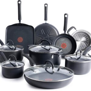 T-fal Ultimate Hard Anodized Nonstick Cookware Set 14 Piece, Oven Broiler Safe 400F, Lid Safe 350F, Kitchen Cooking Set w/Fry Pans, Saucepans, Griddle, Dutch Oven, Pots & Pans, Dishwasher Safe, Black