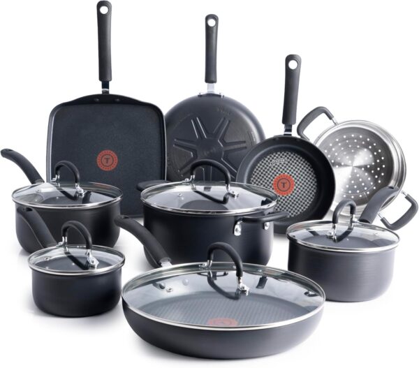 T-fal Ultimate Hard Anodized Nonstick Cookware Set 14 Piece, Oven Broiler Safe 400F, Lid Safe 350F, Kitchen Cooking Set w/Fry Pans, Saucepans, Griddle, Dutch Oven, Pots & Pans, Dishwasher Safe, Black