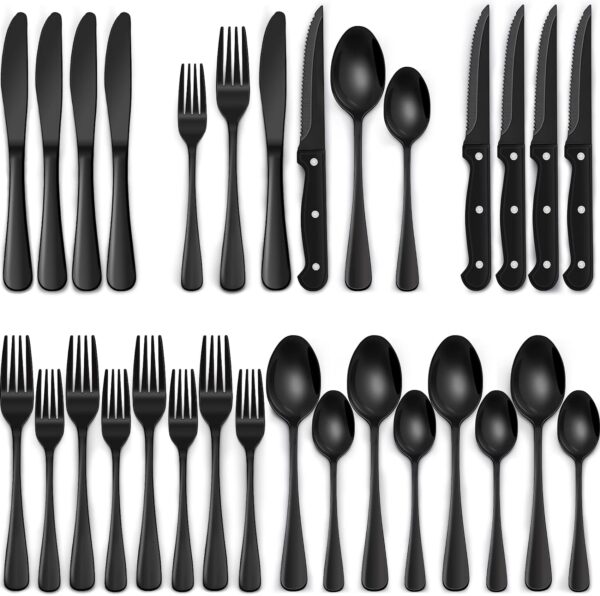 EWFEN 24-Piece Black Silverware Set with Steak Knives, Flatware for 4, Food-Grade Stainless Steel Tableware Cutlery Set, Mirror Finished Utensil Sets Home Restaurant