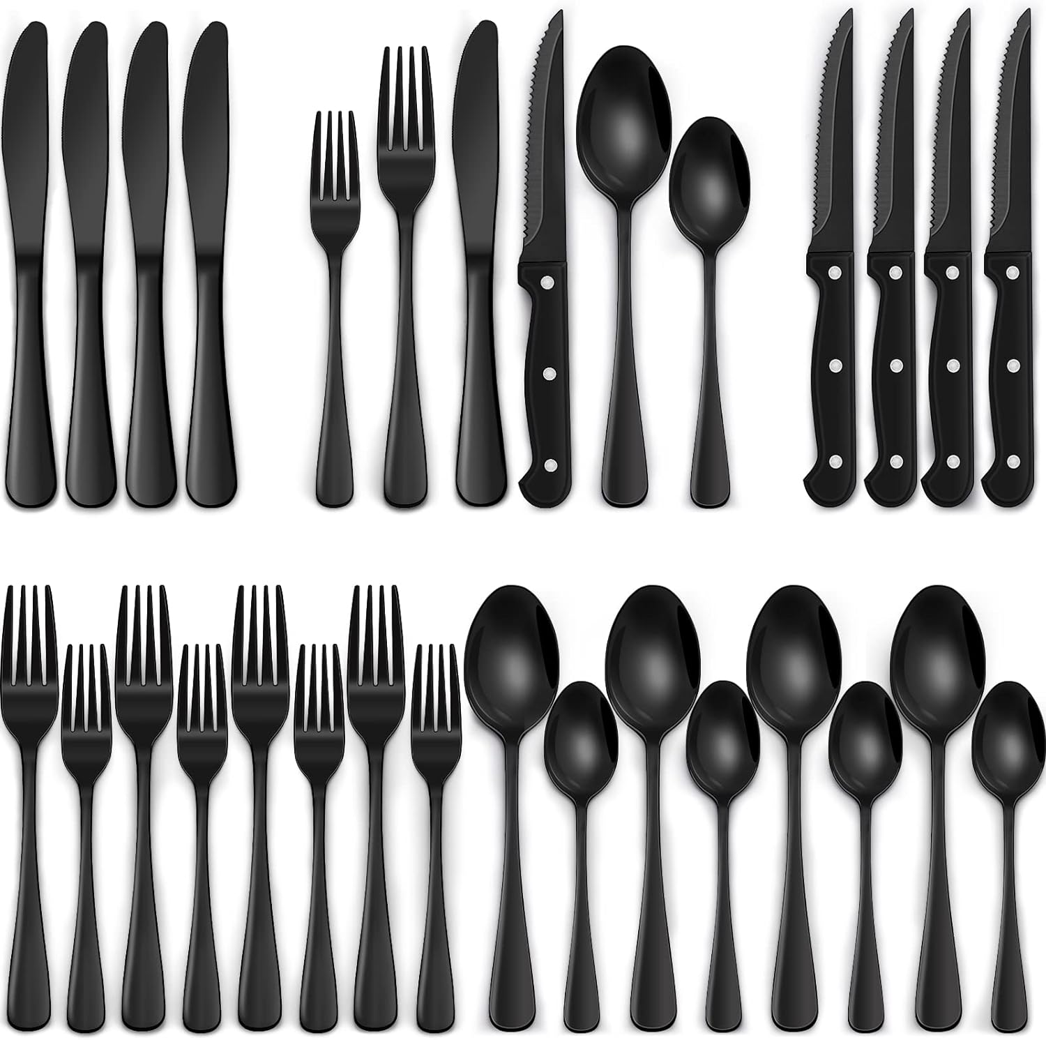 EWFEN 24-Piece Black Silverware Set with Steak Knives, Flatware for 4, Food-Grade Stainless Steel Tableware Cutlery Set, Mirror Finished Utensil Sets Home Restaurant