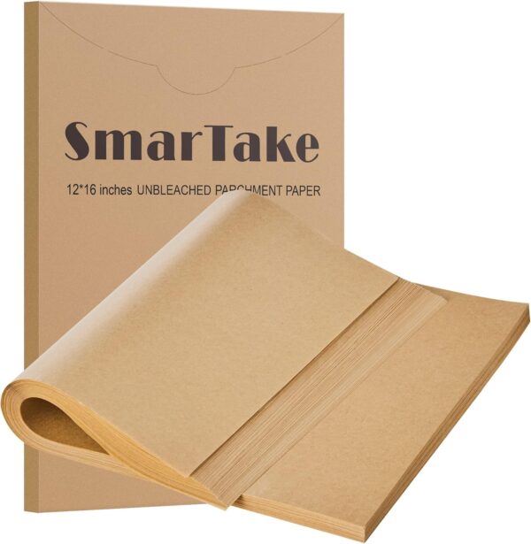 SMARTAKE 200 Pcs Parchment Paper Baking Sheets, 12×16 Inches Non-Stick Precut Baking Parchment, for Baking Grilling Air Fryer Steaming Bread Cup Cake Cookie and More (Unbleached)