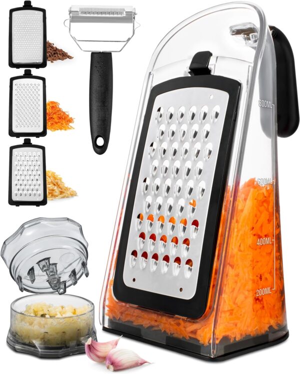 Cheese Grater with Garlic Crusher- Box Grater Vegetable Shredder with 3 Stainless Steel Blades – Graters for Kitchen- Cheese Graters with Handle – Garlic Mincer Tool and Vegetable Peeler
