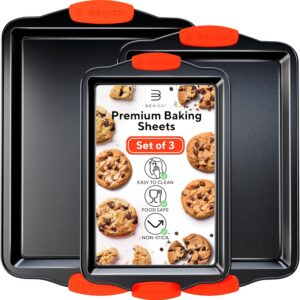 Premium Non-Stick Baking Sheets Set of 3 – Deluxe BPA Free, Easy to Clean Racks w/Silicone Handles – Bakeware Pans for Cooking Baking Roasting – Lets You Bake The Perfect Cookie or Pastry Every Time