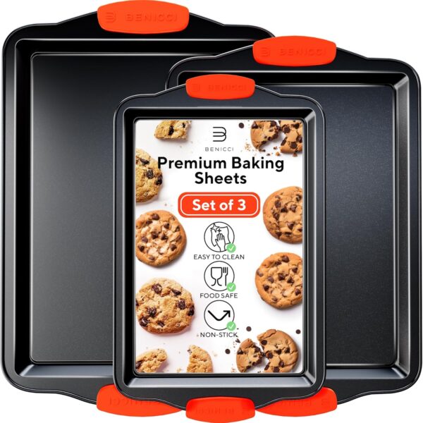 Premium Non-Stick Baking Sheets Set of 3 – Deluxe BPA Free, Easy to Clean Racks w/Silicone Handles – Bakeware Pans for Cooking Baking Roasting – Lets You Bake The Perfect Cookie or Pastry Every Time