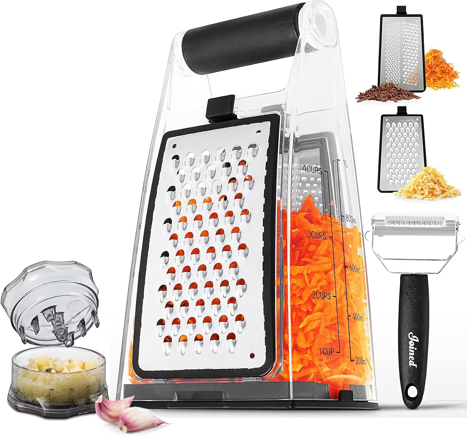 Joined Cheese Grater with Garlic Crusher- Box Grater Vegetable Shredder with 2 Stainless Steel Blades - Graters for Kitchen- Cheese Graters with Handle - Garlic Mincer Tool and Vegetable Peeler