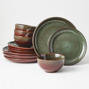 Stoneware Dinnerware Sets Service for 4, 12 pcs Reactive Glaze Plates and Bowls Sets, Handmade Ceramic Dish Set, Highly Chip and Crack Resistant Modern Plate Set, Brown Green