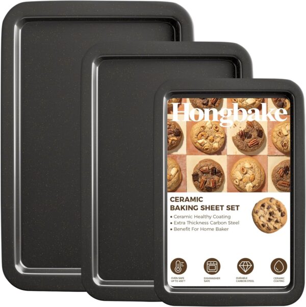 HONGBAKE Ceramic Baking Sheet Pan Set, Cookie Sheet for Oven, Bakeware Sets with Wider Grips, 3 Pack Half/Jelly Roll/Quarter Baking Tray, Premium, Dishwasher Safe – Dark Grey